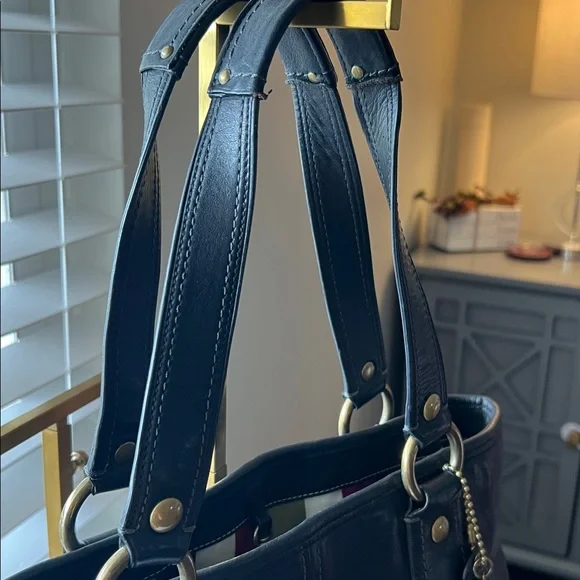 Coach Black Leather Shoulder Tote Bag with Gold Brass Accents - Picture 4 of 13